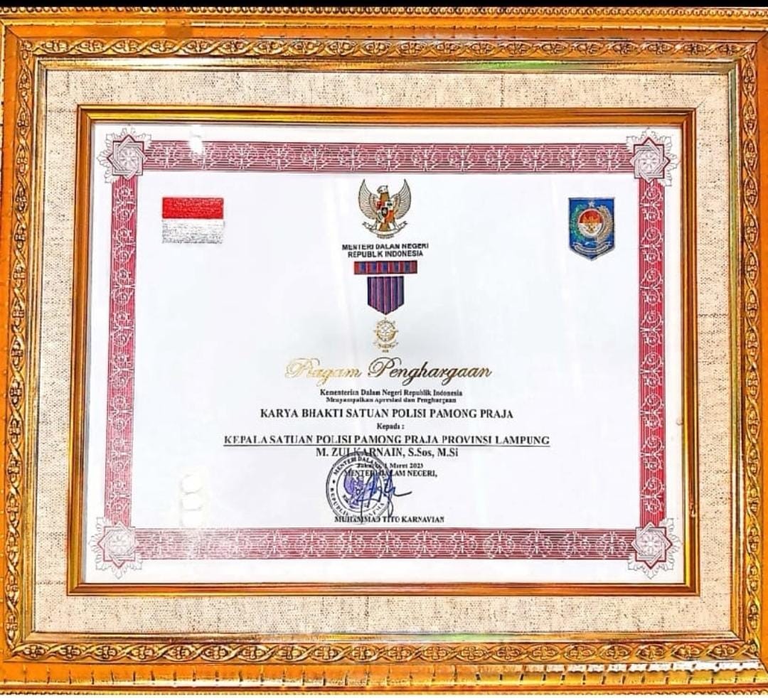 Kasat Pol PP Pemprov Lampung Terima Penghargaan  Penyelenggaraan Trantibum dan Linmas